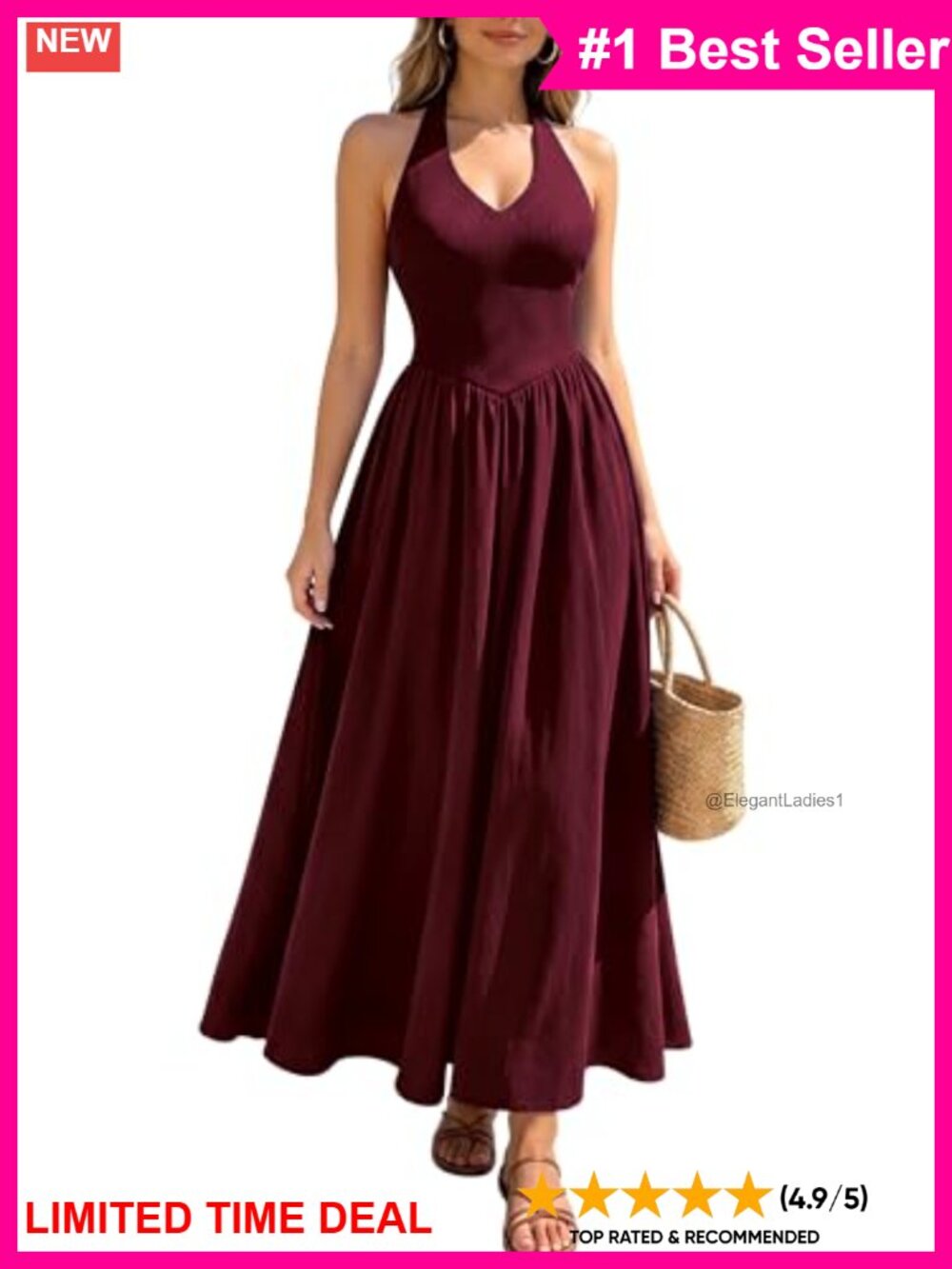 Halter Neck Sleeveless Flowy A-Line Midi Dress with Pockets Casual
